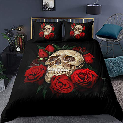feelyou Floral Skull Duvet Cover Set Twin Size Skeleton Bones Print Bedding Set Gothic Microfiber Comforter Cover Gorgeous Roses Flowers Quilt Cover with 1 Pillow Shams Zipper Red Black