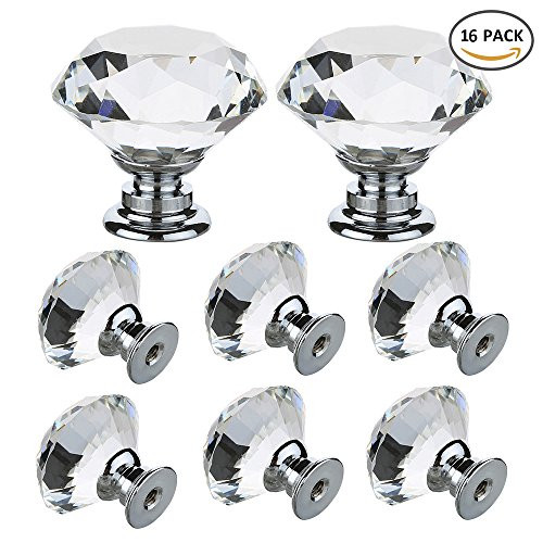 Interlink 16 pcs 30mm Crystal Glass Cabinet Knobs Clear Diamond Shape Drawer Pull Handle with Screws for Cupboard Drawer Dresser Door Kitchen