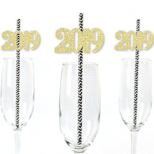 Gold Glitter 2019 Party Straws - No-Mess Real Gold Glitter Cut-Out Numbers & Decorative Graduation Party Paper Straws - Set of 24
