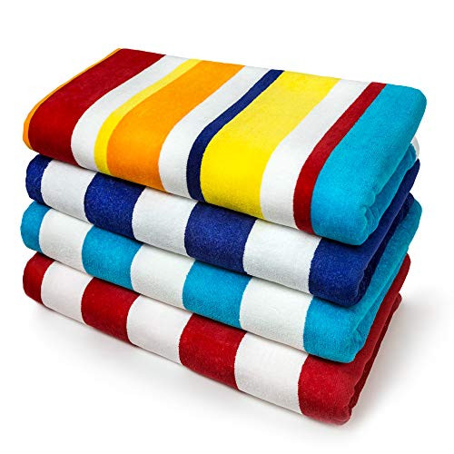 Kaufman - Joey Velour Cabana Stripe Multicolor Beach Towel 4-Pack 32in x 62in 100 percent U.S.A. Cotton