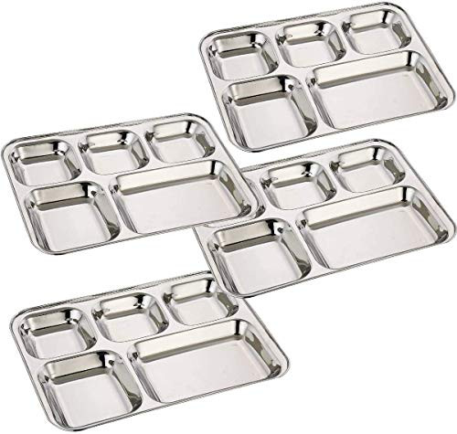 Khandekar Pack of 4 Stainless Steel Lunch Plate 5 Compartment Thali Food Divided Plates Dinner Plate Set Mess Tray Kids Lunch Plate for Toddlers Outdoor Camping and Everyday Use - 33 cm Silver