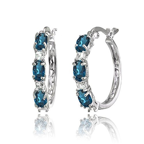 Sterling Silver Oval London Blue Topaz  and  Princess-cut White Topaz Filigree Hoop Earrings