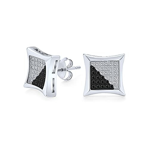 Black White Square Cubic Zirconia CZ Micro Pave Kite Shaped Stud Earrings For Men Concave 925 Sterling Silver 10MM