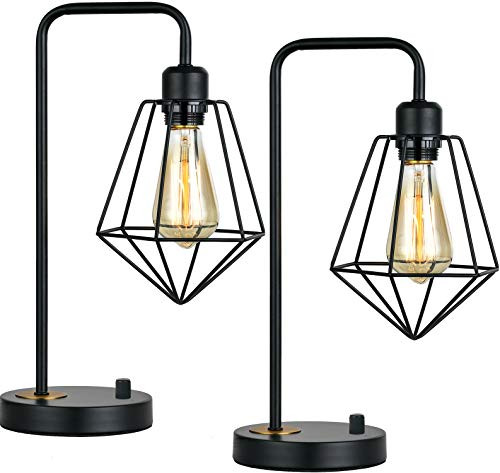 Capslpad Industrial Table Lamps Set of 2 Vintage Dimmable Desk Lamps Farmhouse Metal Cage Nightstand Lamp Bedside Reading Lamp for Bedroom Living Room Study Room OfficeBlack