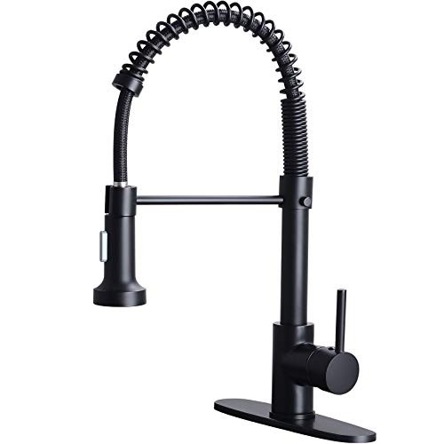 DJS Kitchen Faucets with Pull Down Sprayer Faucet for Kitchen Sink Brass Black Single Handle Single Lever High Arc Spring Faucet with Deck Plate for 1 or 3 Holes Sinks. -Matte Black-