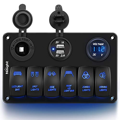 Nilight 6 Gang Rocker Switch Panel Laser Etched Aluminum Switch Panel Waterproof Light Bar Switch Panel with Cigarette Lighter and Dual USB and Voltmeter for 12V-24V Cars TrailersUTVs2 Year Warranty
