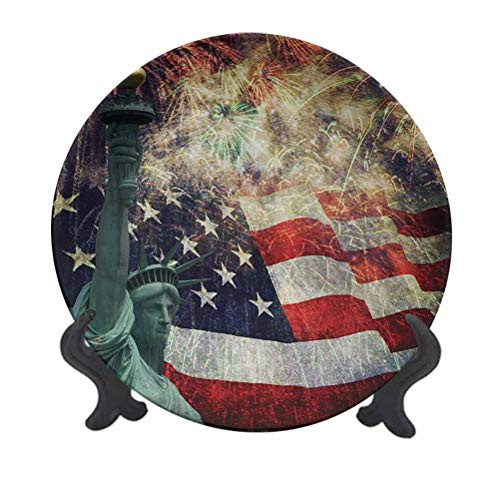 SfeatrutMAT 8" American Flag Dinner PlateComposite Photo of States Idols with Fireworks on Background 4th of July Creative Decorative Plate for Pasta Salad Multicolor