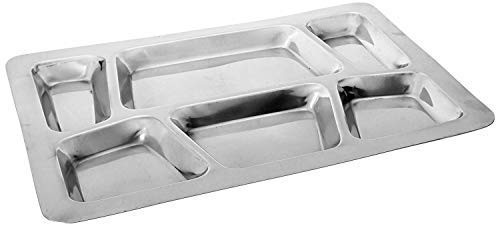 Royal Sapphire 6 Compartment Stainless Steel Divided Plates - Cafeteria Mess Tray - Rectangular Divided Dinner Plate with a Free Spoon