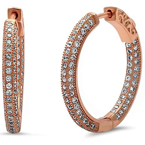 22mm Fancy Hoop Earrings Round Micro Pave Simulated Cubic Zirconia Rose Tone 925 Sterling Silver