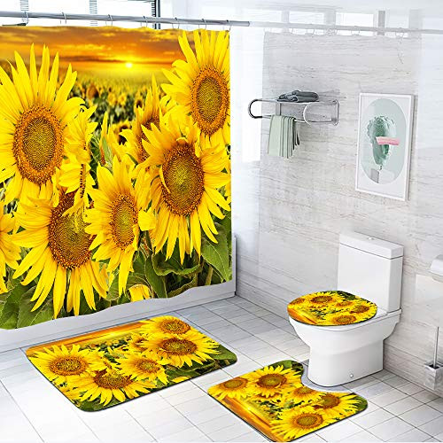 4Pcs Sunflower Shower Curtain Yellow Floral Shower Curtain Sets with Non-Slip Rugs Toilet Lid Cover and Bath Mat Fabric Shower Curtain with 12 Hooks 4Pcs Sunflower Shower Curtain Yellow Floral Shower Curtain Sets with Non-Slip Rugs Toilet Lid Cover and Bath Mat Fabric Shower Curtain with 12 Hooks