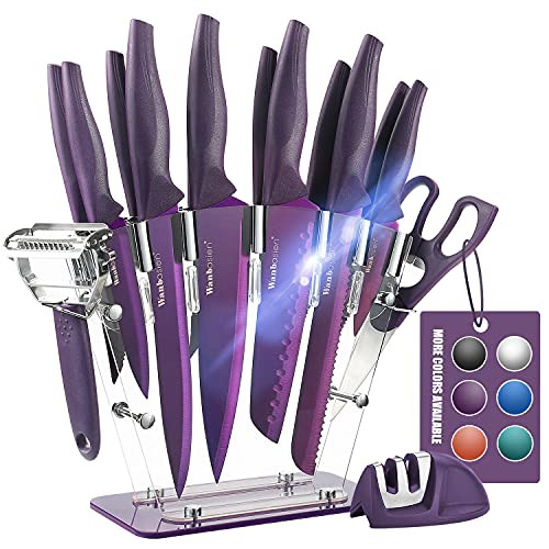 Wanbasion Purple 16 Pieces Kitchen Knife Set Dishwasher Safe Professional Chef Kitchen Knife Set Kitchen Knife Set Stainless Steel with Knife Sharpener Peeler Scissors Acrylic Block