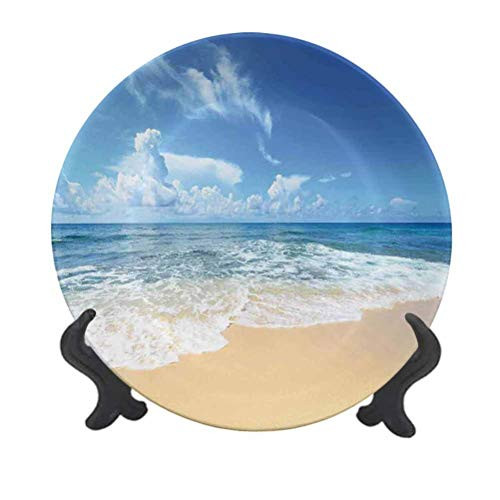 Ocean 10" Ceramic Decorative PlateWaves and Golden Paradise Beach with Sky Sun Endless Summer Sea Coast View Print Dinner Plate Decor Accessory for Dining Table Tabletop Home Decor Cream Blue