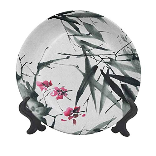 Japanese 10" Ceramic Decorative PlateNatural Sacred Bamboo Stems Cherry Blossom Japanese Inspired Folk Print Decorative Ceramic Wall Plate Decor Accessory for Dining Parties Wedding