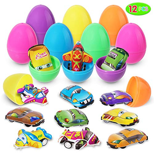 Easter Eggs Filled with Mini Pull-Back Vehicle Toys (12 Pcs); Cartoon Cars & Airplanes Set for Easter Theme Party Favor, Easter Eggs Hunt, Basket Filler, Classroom Prize Supplies.