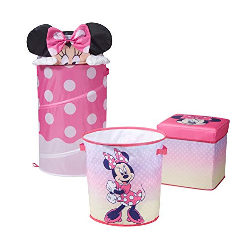 Idea Nuova Disney Minnie Mouse 3 Piece Collapsible Storage Set with Collapsible Ottoman Bin and Figural Dome Pop Up Hamper Pink