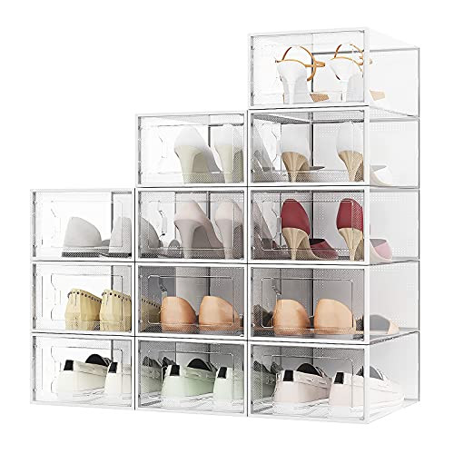 12 Pack Shoe Boxes Clear Plastic Stackable Shoe Storage Boxes Shoe Organizer for Closet Space-Saving Shoe Containers Bins -Clear-