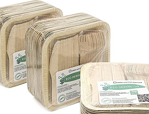 Party Pack of 225 Eco-Friendly Dinnerware - 75 Disposable 8" Square Palm Leaf Plates 75 Wood Forks 75 Wood Knives