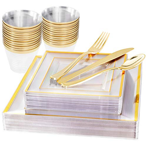 150 Pieces Gold Plastic Square Plates Disposable Gold Silverware and Cups Includes- 25 Dinner Plates 10.25 25 Dessert Plates 7.5 25 Cups 9oz 25 Knives 25 Forks 25 Spoons