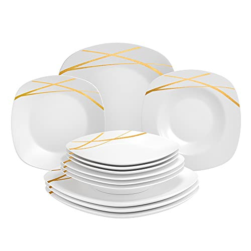 DANSHER Porcelain Square Dinnerware Plate Set Set of 12 Ceramic Dinner Plates with Straw Pattern White Soup-Salad Plates -4 9.6-inch Dinner Plates 4 8-inch Soup Plates 4 7-inch Salad Plates-