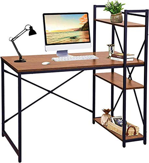 JOVNO Computer Desk with Storage Shelves Industrial Wooden Writing Study Table Home Office Desk Tower Desk with 4 Tiers Bookshelf Modern Simple Style Steel Frame Workstation for Small SpacesNatural