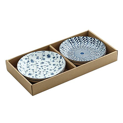 Gegong 4 Pack 8 inch Blue and White Porcelain Serving Plates Gift Box Floral Dinner Shallow Plates Appetizer Salad Dessert Snack Plate -Different patterns-