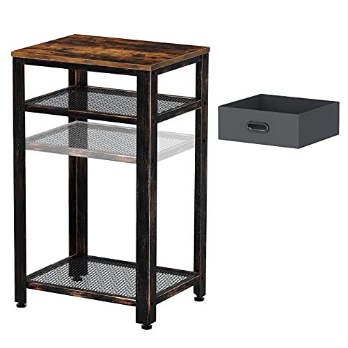 Rolanstar Tall Side Table Telephone Table with Storage Bin Industrial End Table with Height Adjustable Mesh Shelves and Stable Metal Frame Retro Nightstand Rustic Brown