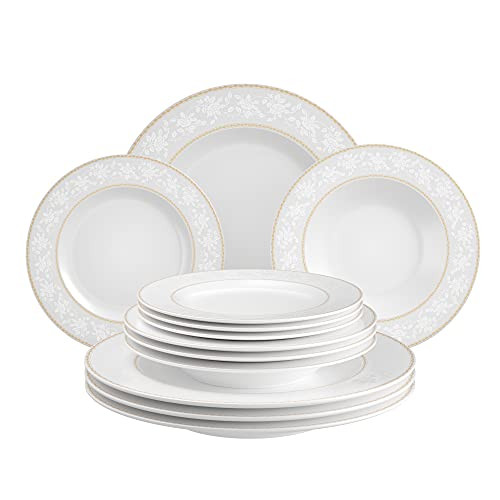 DANSHER 12-Piece Porcelain Dinnerware Dishes Set Ceramic Round Dinner Plates with Floral Pattern Salad Plates Soup Bowls -4 10-inch Dinner Plates 4 8-inch Soup Plates 4 7-inch Salad Plates-