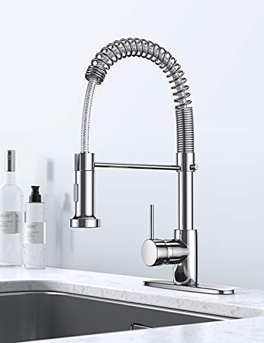 Deeroll Kitchen Faucet Low Lead Commercial Solid Brass Single Handle Single Lever Pull Down Sprayer Flexible Spring Kitchen Sink Faucet with Deck Plate