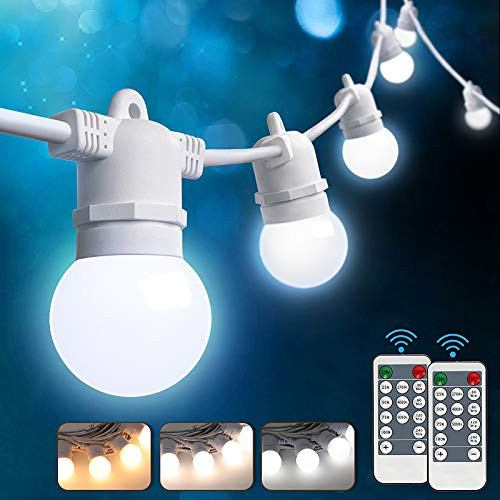 3-Color in 1 Outdoor LED Dimmable String Lights for Patio with Remotes 48FT Waterproof LED Globe Edison Bulb String Warm White Daylight Shatterproof Light String White Cord for Cafe Bistro Pergola