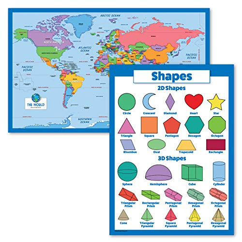 2 Pack - World Map for Kids  plus 3D Shapes Poster for Kids -Laminated 18" x 29"-