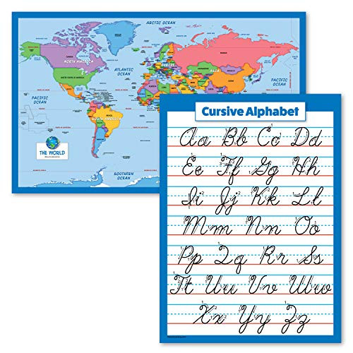 2 Pack - World Map for Kids  plus ABC Alphabet Cursive Poster -Laminated 18" x 29"-