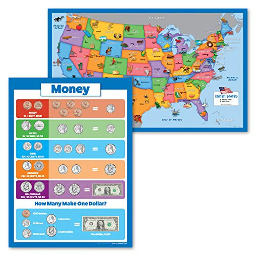 2 Pack - USA Map for Kids -Illustrated-  plus USA Money  Poster -Laminated 18" x 29"-