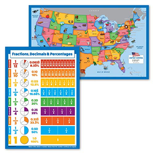 2 Pack - USA Map for Kids -Illustrated-  plus Fractions Decimals  and  Percentages Math Poster -Laminated 18" x 29"-