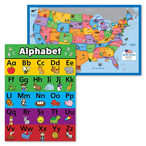 2 Pack - USA Map for Kids -Illustrated-  plus ABC Alphabet Poster -Animals- -Laminated 18" x 29"-