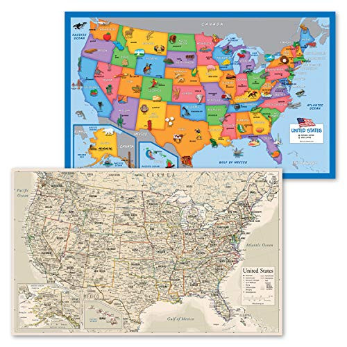 2 Pack - USA Map for Kids -Illustrated-  plus Antique Style United States of America Map -Laminated 18" x 29"-