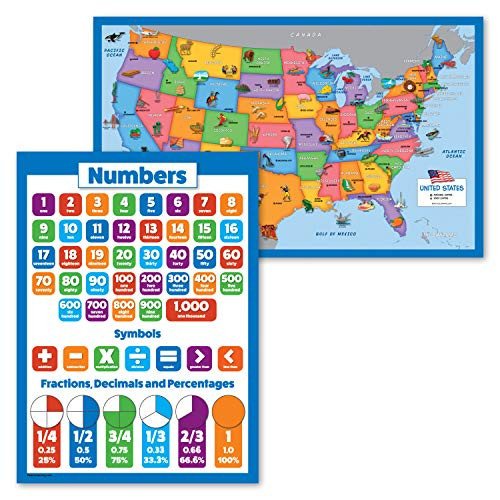 2 Pack - USA Map for Kids -Illustrated-  plus Math Basics Poster -Laminated 18" x 29"-