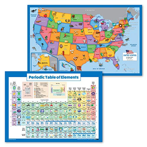 2 Pack - USA Map for Kids -Illustrated- plus Periodic Table of The Elements Poster -Laminated 18" x 29"- 2 Pack - USA Map for Kids -Illustrated- plus Periodic Table of The Elements Poster -Laminated 18" x 29"-