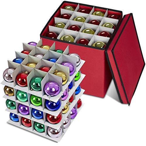 Propik Holiday Ornament Storage Box Chest, with 4 Trays Holds Up to 64 Ornaments Balls, with Dividers Made with Durable 600D Oxford Material (Red)