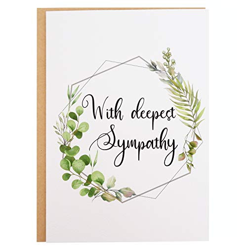 Sympathy Card - Single Simple "With Deepest Sympathy" Condolence Greeting Card Printed on White Textured Paper with Kraft Envelope - 5" x 7" Blank Inside - For Funeral Loss Condolences