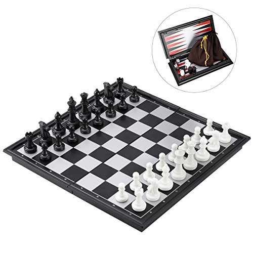 iBaseToy Magnetic Travel Chess Set 3 in 1 Chess Checkers Backgammon Set for Adults Kids Folding Portable Chess Set Traditional Chess Game 9.8 x 9.8