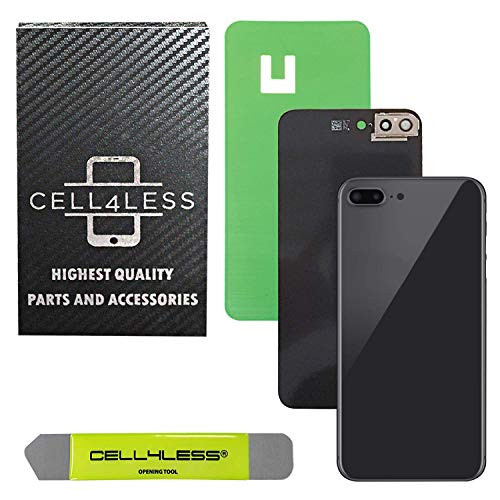Cell4less Back Glass Cover Battery Door Replacement w/Adhesive, Installed Camera Frame w/Lens & Removal Tool for Apple iPhone 8 Plus (Space Gray)