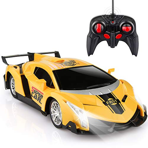 Growsland Remote Control Car, RC Cars Xmas Gifts for Kids 1/24 Electric Sport Racing Hobby Toy Car Yellow Model Vehicle for Boys Girls Adults with Lights and Controller