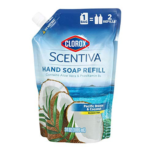 Clorox Scentiva Liquid Hand Soap Refill 34 oz Liquid Hand Wash with Vitamin B5 BleachFree Scented Hand Soap Refill for Kitchen or Bathroom Pacific Breeze  and  Coconut Aloe Vera 1 Count