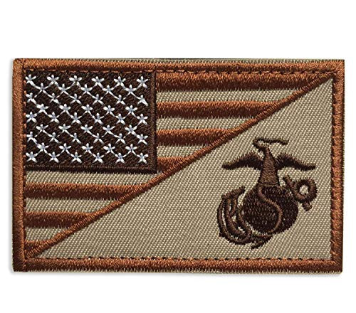 Patch USA American Flag w- Marine Corps USMC Military Tactical Badge Patch Embroidered Patch 3" x 1.97" - Brown