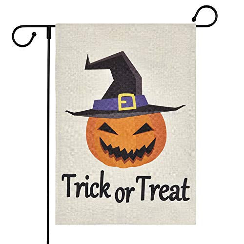 FRAMICS Trick or Treat Garden Flag Vertical Double Sided Printing 2 Layer Burlap Spooky Jack O Lantern Pumpkin Halloween Flags Garden Yard Outdoor Decorations 12.5 x 18 Inches