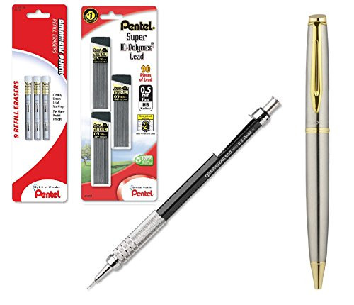 Pentel GraphGear 500 Automatic Drafting Pencil Black with .5mm Lead Refils and Z21 Eraser Refills (Bundle)