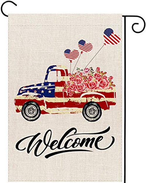 UPINLOOK Welcome Truck Flowers American Flag Garden Flag Vertical Double Sided Burlap 4th of July Patriotic Strip and Star Memorial Day Independence Day Flag Yard Outdoor Decoration 12.5 x 18 Inch