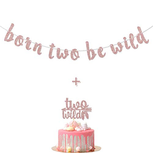 Rose Gold Born Two Be Wild Banner Sign with Two Wild Cake Topper for Two Wild Boho Tribal Themed 2nd Birthday Party Supplies