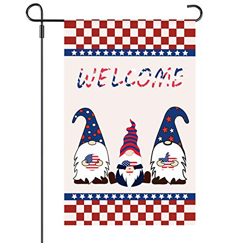 Welcome Patriotic Flag Gnomes Garden Flag Strip and Star Printed American Flag 12.5 x 18 Inch Vertical Double Sided for 4th of July Patriotic Memorial Day Independence Day Yard Outdoor Decoration
