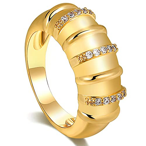 Eyreindy Thick Dome Rings for Women Striped Chunky Gold Rings with Cubic Zirconia 14K Gold Plated Statement Ring -Gold Size 9-